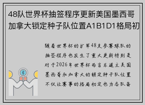 48队世界杯抽签程序更新美国墨西哥加拿大锁定种子队位置A1B1D1格局初定